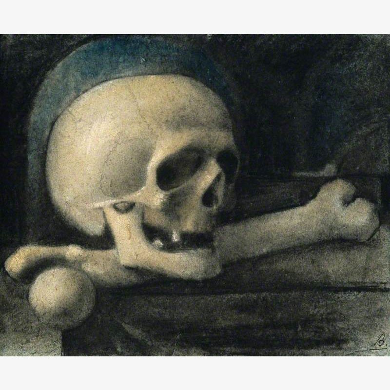 Skull, Resting on a Femur, in Sepulchral Setting