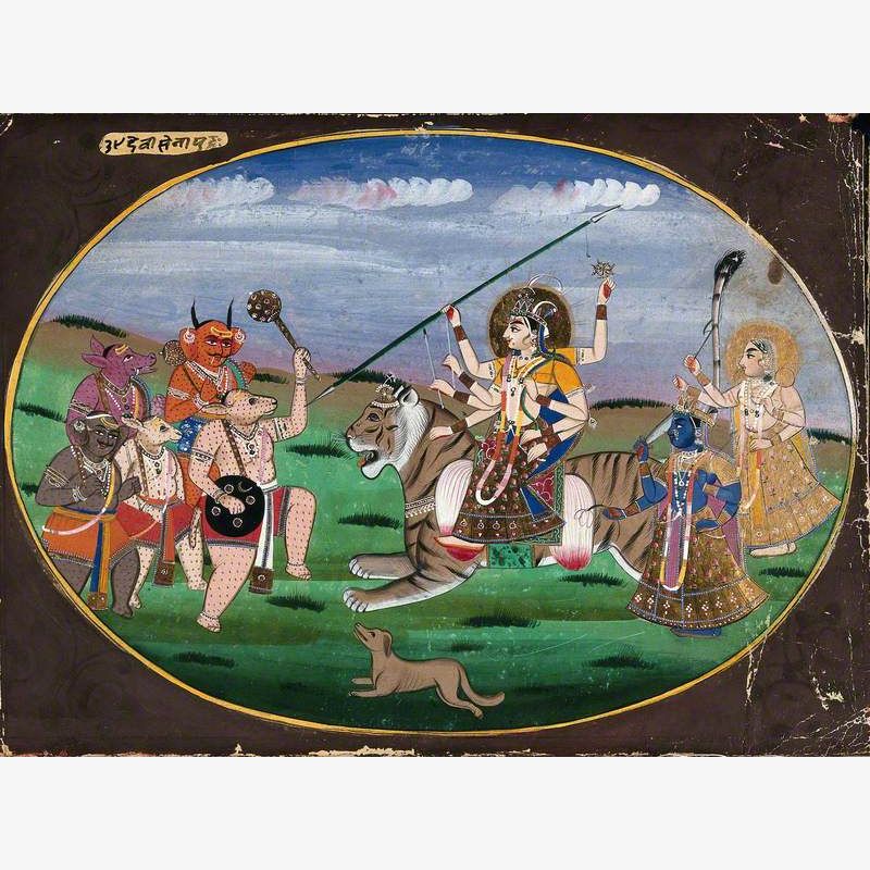 Devi (Durga) Seated on a Tiger, Along with Two Other Goddesses, Prepares to Battle the Five Demons