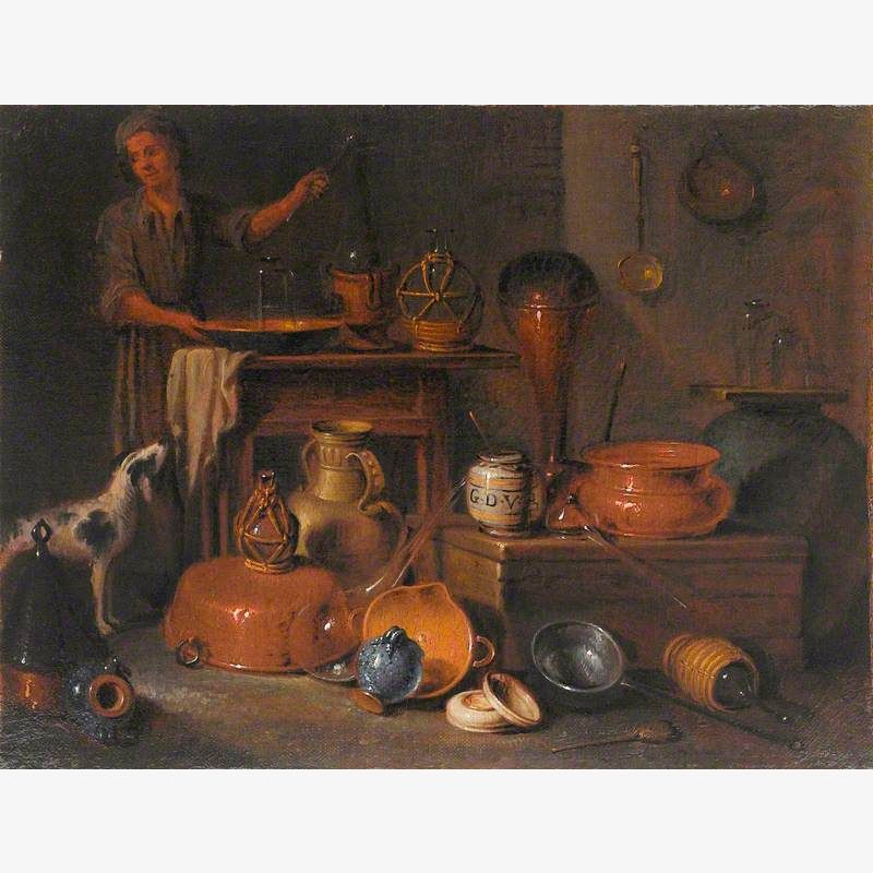 Pharmaceutical Vessels: Still Life with a Man and a Dog
