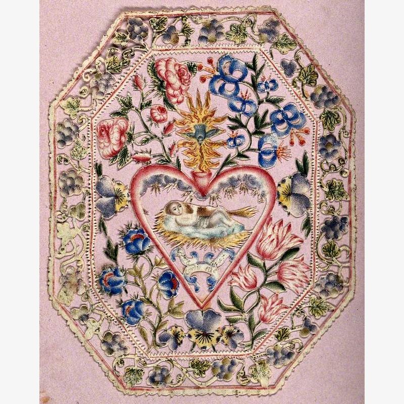 The Infant Jesus Christ within a Heart, with a Coloured Filigree Border of Flowers