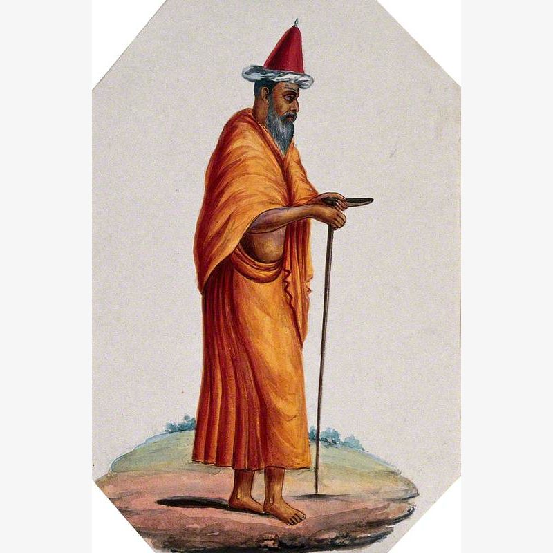 A Mevlevi (?) or Sufi Holy Man: Walking, Wearing a Saffron Cloak and Skirt and a Tall Red Conical Hat