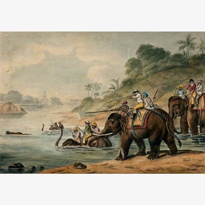 Men Riding Elephants, Hunting a Panther; Building in the Background