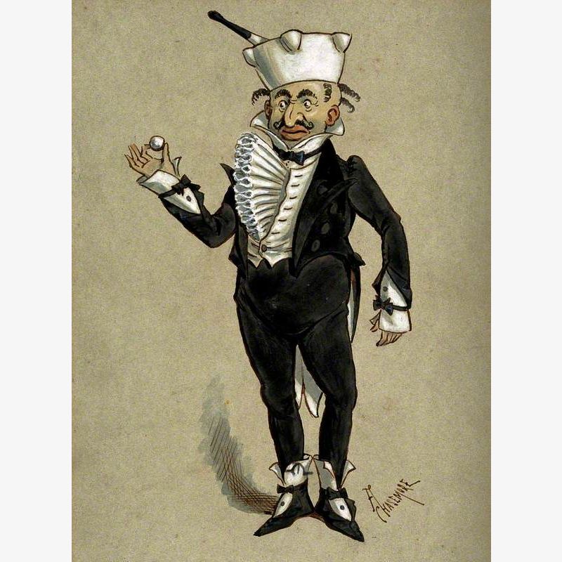 A Theatrical Figure in a Tuxedo Supporting a Pestle and Mortar as a Hat and Holding a Large Pill