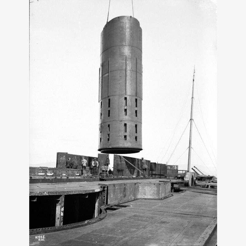 Number 3 funnel suspended over boiler well, seen from deck
