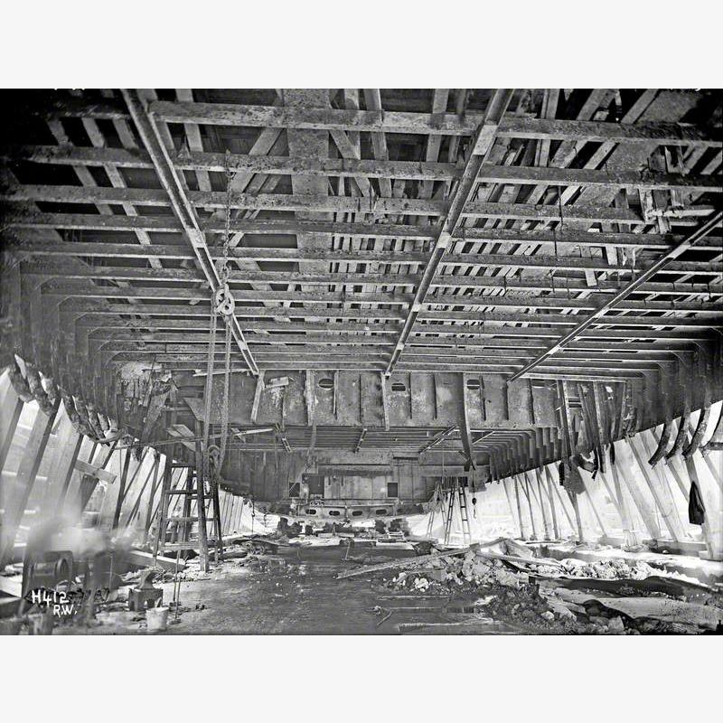 Underside of hull with damaged plates and frames removed, view aft