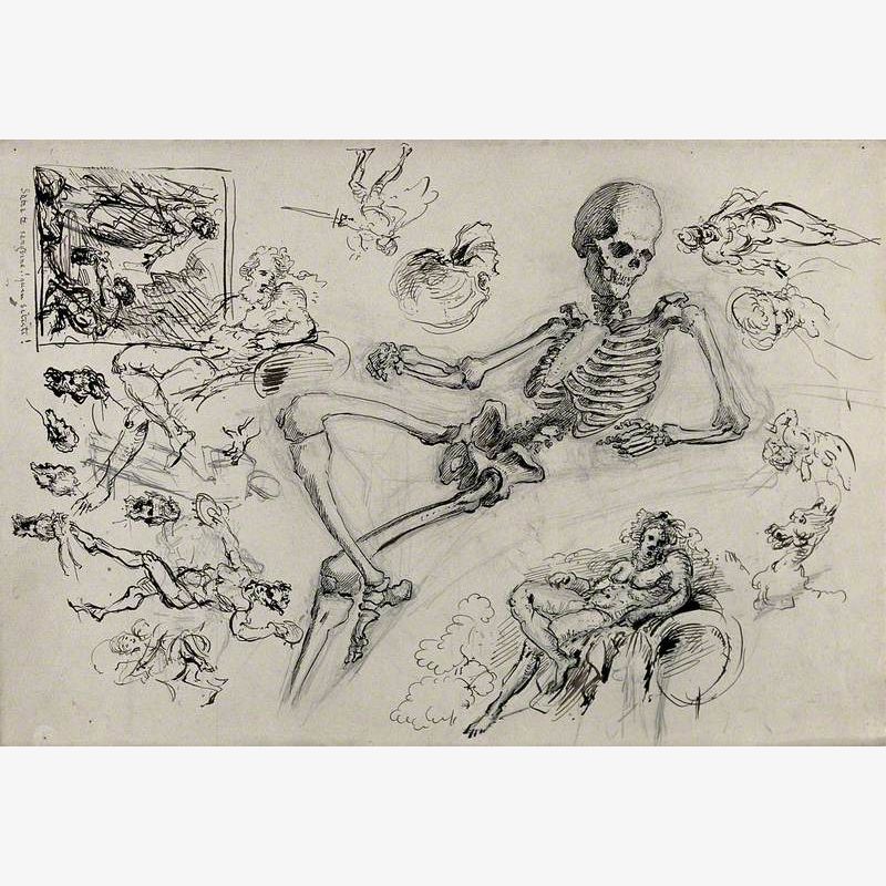 A Skeleton in the Pose of a Classical River God Surrounded by Several Sketches of River Gods and Other Figures