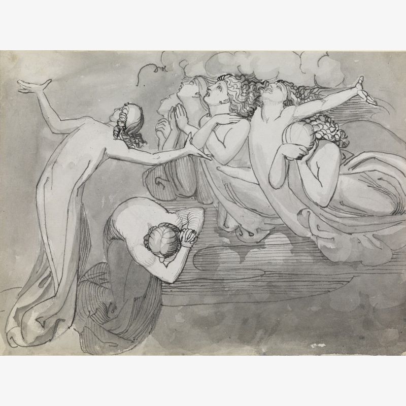 A Group of Five Lamenting Angels in the Clouds (right) Two Female Figures (left)