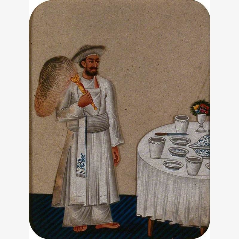 A Servant Standing next to a Dining Table Holding a Fly Whisk