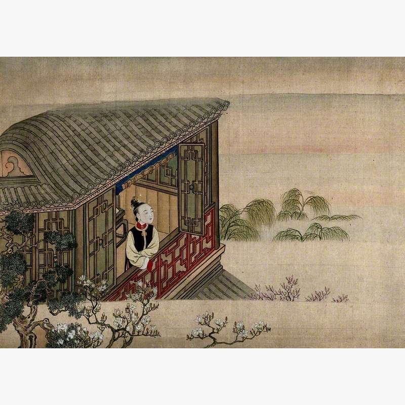 A Chinese Lady Standing and Looking from an Open Window towards Trees in a Misty Landscape