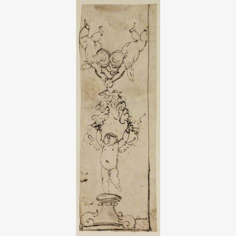 Design for an Upright Decorative Panel with Three Angels Holding a Garland