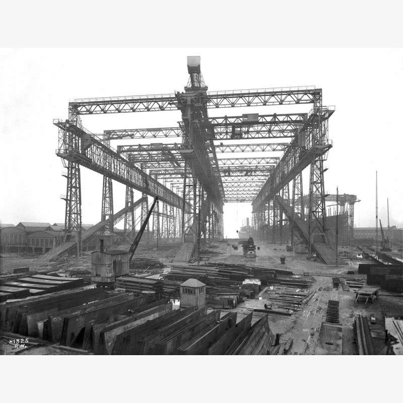 Keel blocks for 'Olympic' on No. 2 slip with work on No. 3 slip in progress. General view of slips and gantry from top end