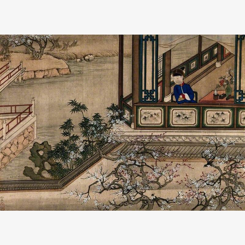 A Seated Chinese Lady in a Blue Dress Looks Out of a Window at a Water Garden