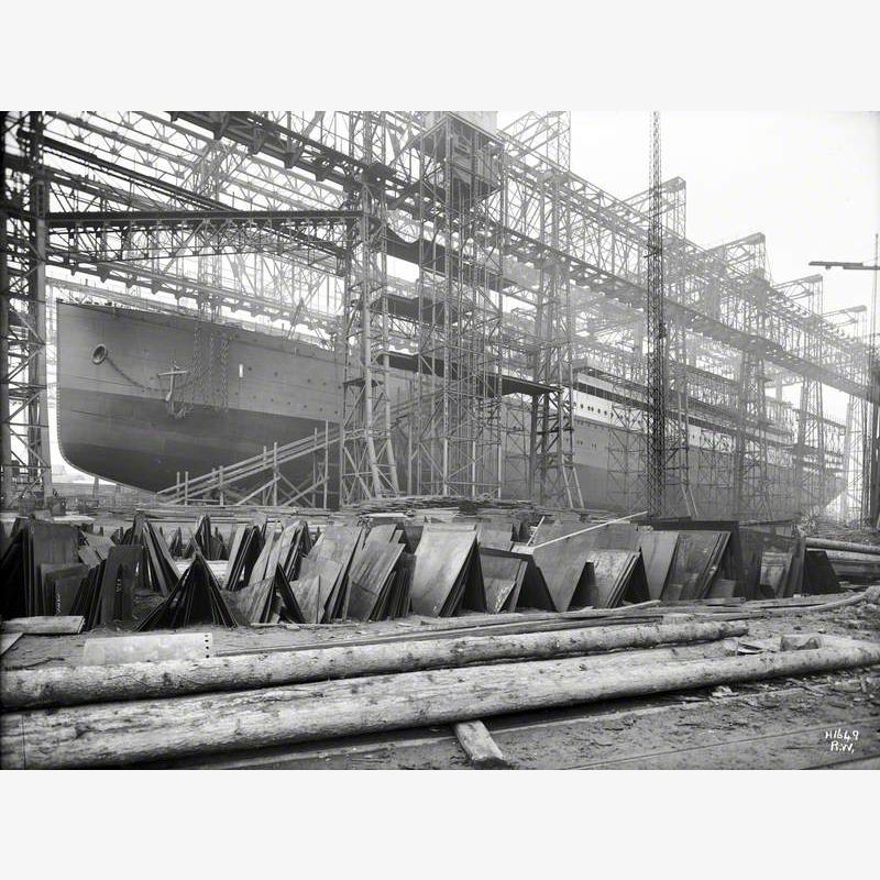 Port bow 3/4 profile on No. 2 slip, North Yard, prior to launch