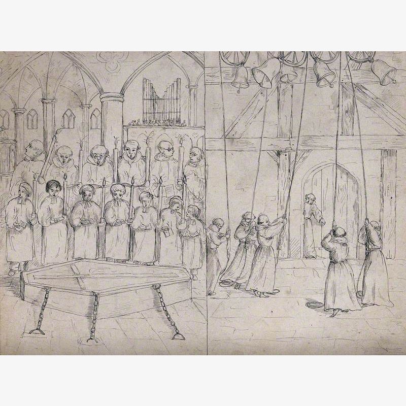 Left, a Choir Singing Mass for a Deceased Placed before Them in a Coffin; Right, Monks Ringing Bells in a Belfry