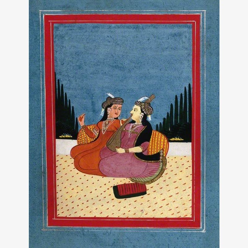 Two Persian (?) Ladies Sitting, One Holding a Musical Instrument