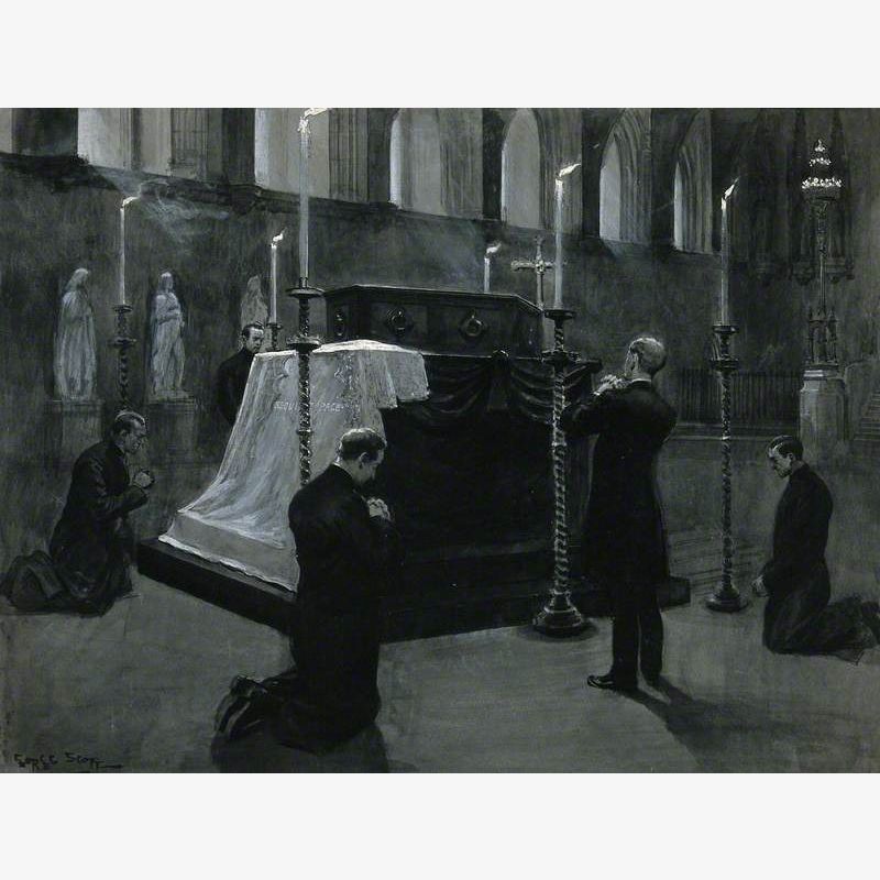 Five Men Are Praying beside a Coffin in a Church
