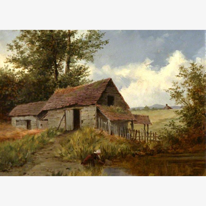 A Rustic Barn with a Girl Drawing Water