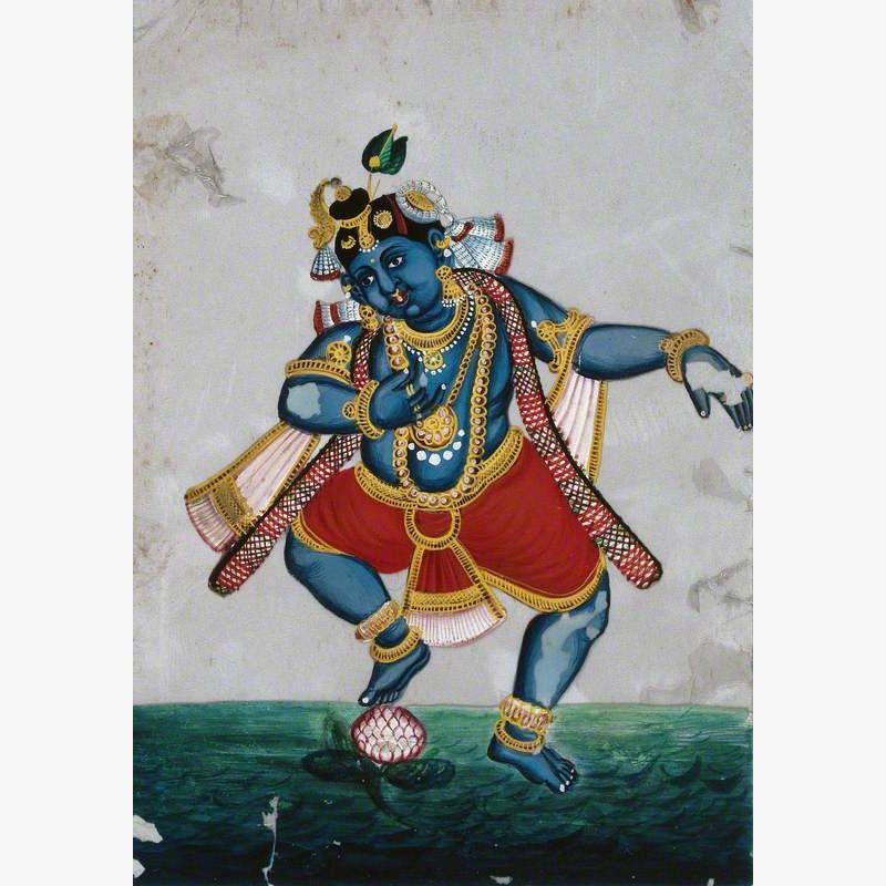 Lord Krishna, a Blue-Skinned Hindu Deity Dancing on a Lotus