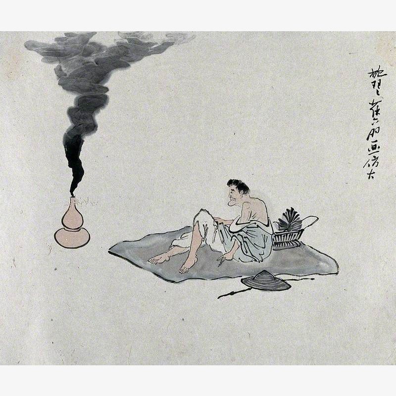 A Chinese Man Lies on a Blanket Watching Smoke Rise from a Lamp