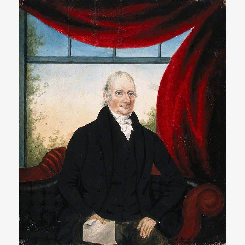 A Member of the Jenner Family (?), Seated on a Sofa, Holding a Paper in His Right Hand; Behind, a Window Framed with a Red Curtain