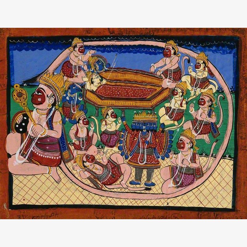 Hanuman Kneeling with Tail Encircling Rama and Sita in Bed, While Several Monkeys Circle around Ravana