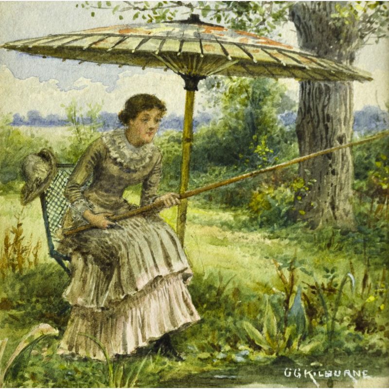 Woman Fishing under Umbrella