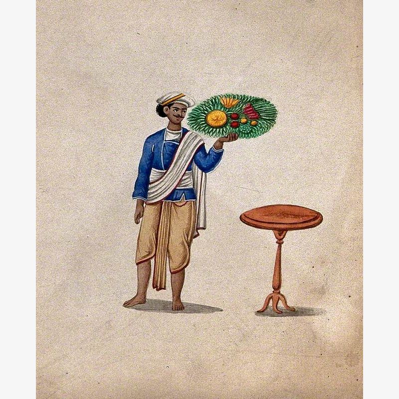A Servant Holding Up a Platter of Fruit or Vegetables