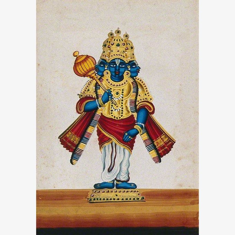 A Three-Headed, Blue-Skinned Statue of an Indian Deity, Vishnu (?), Holding a Mace