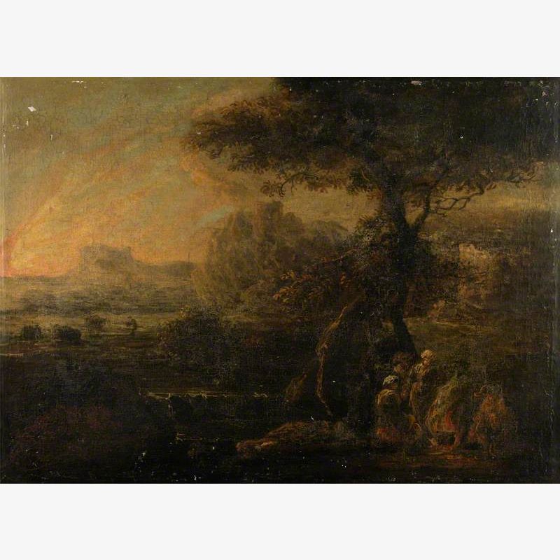 Romantic Landscape with Travellers around a Camp Fire