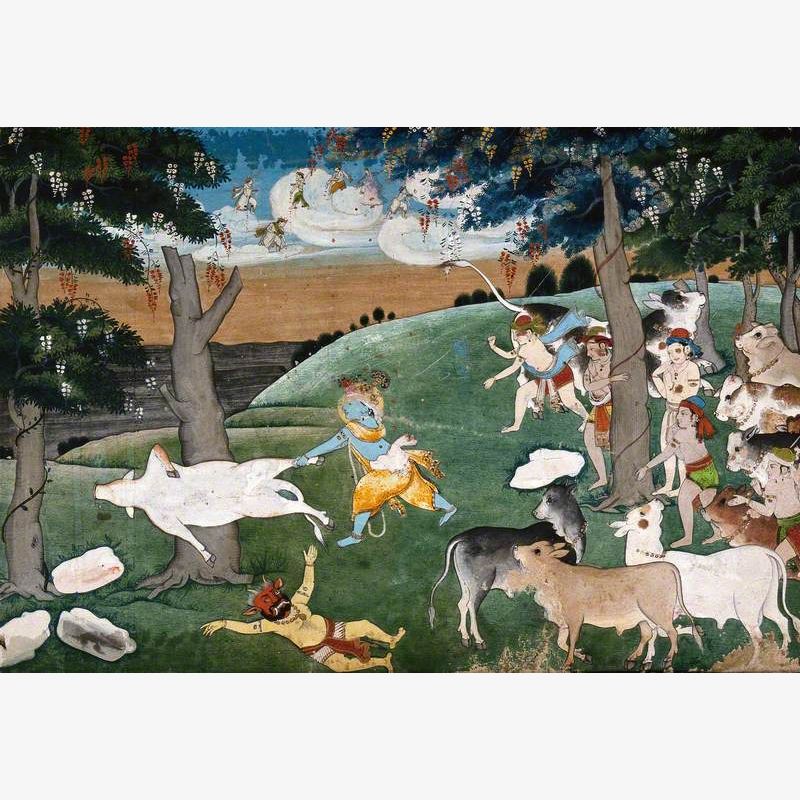 Krishna Slaying a Demon with the Aid of a Cow Is Watched by Several Cowherds and a Panoply of Indian Deities in the Distance
