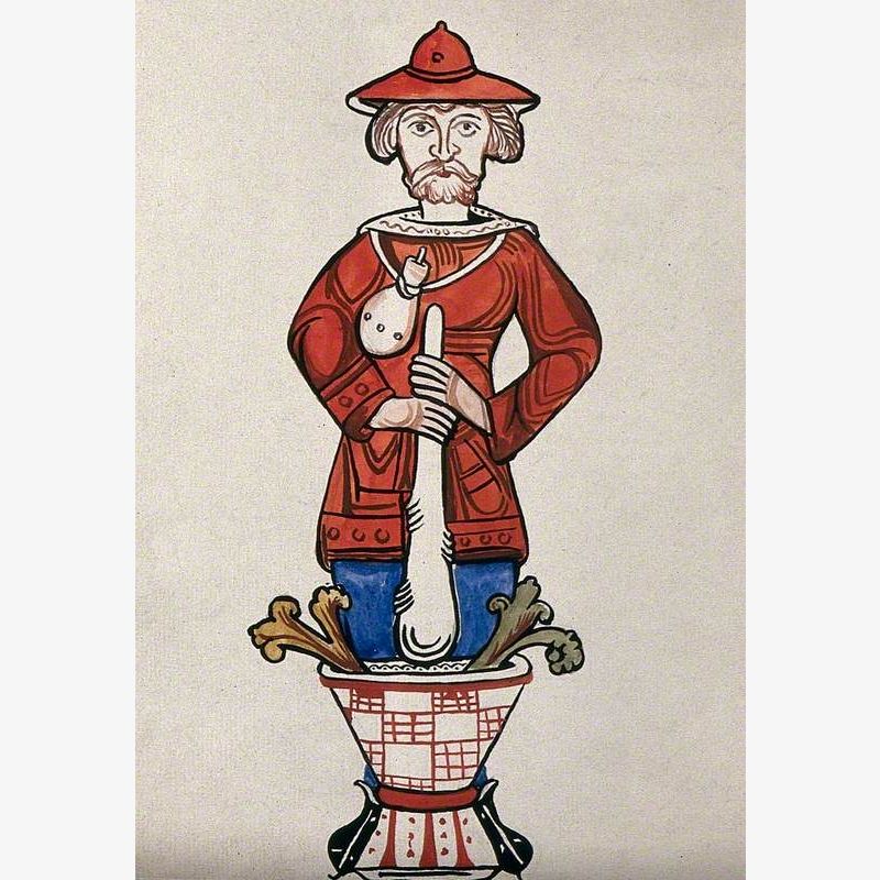 A Man Pounding a Mixture with a Pestle and Mortar – an Emblem from a Drug Jar