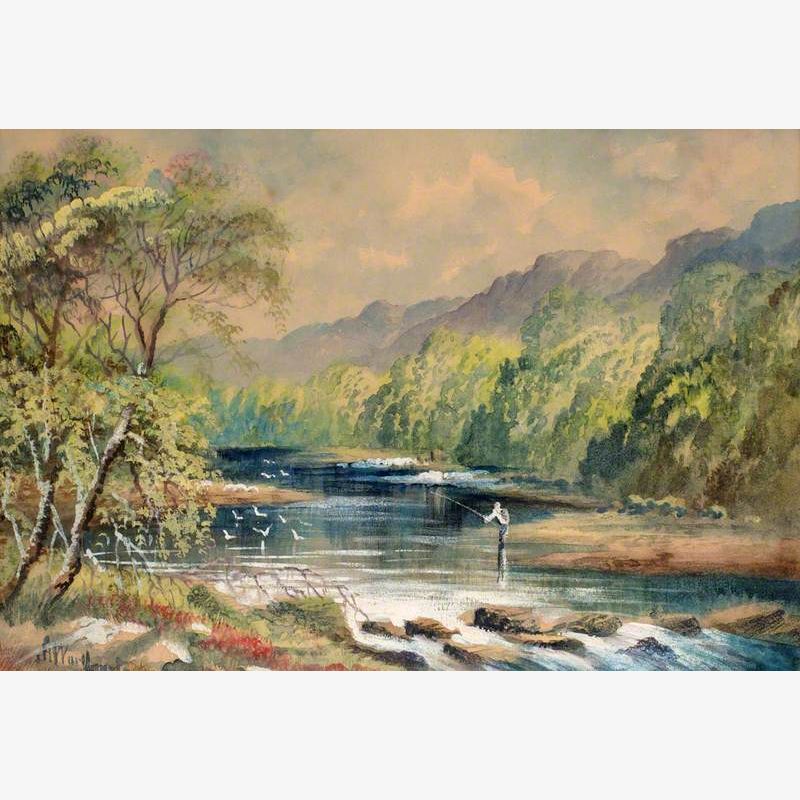 Landscape, Waterfalls and Man Fishing