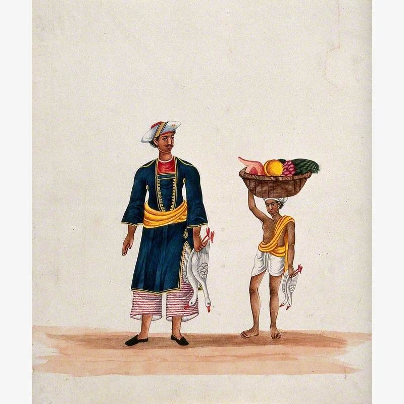 A Man Carrying Two Ducks Followed by a Servant Carrying a Basket of Fruit