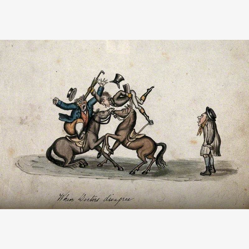 Two Doctors on Horseback in Violent Confrontation; Showing the Hostility Provoked when a Difference of Opinion Arises in the Medical Profession