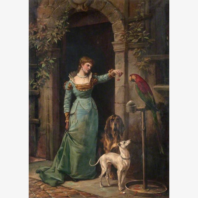 A Woman with a Green-Winged Macaw and Two Dogs