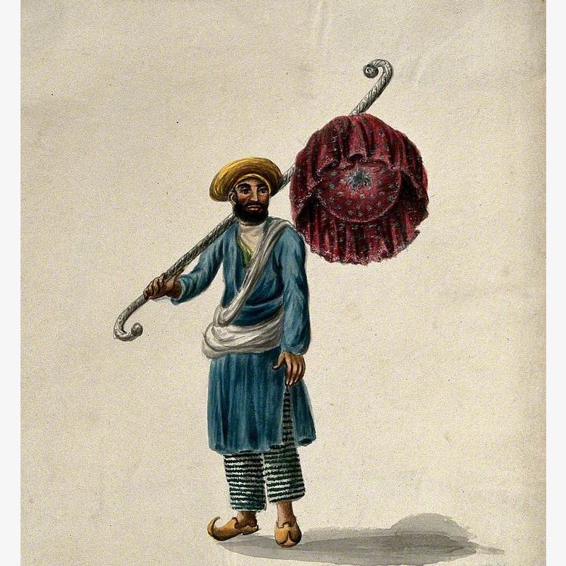 A Man Carrying a Canopy, to Be Used as an Umbrella (?)