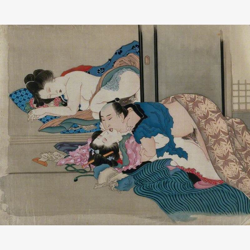A Couple Making Love in the Foreground, a Woman in Post-Coital Sleep Behind