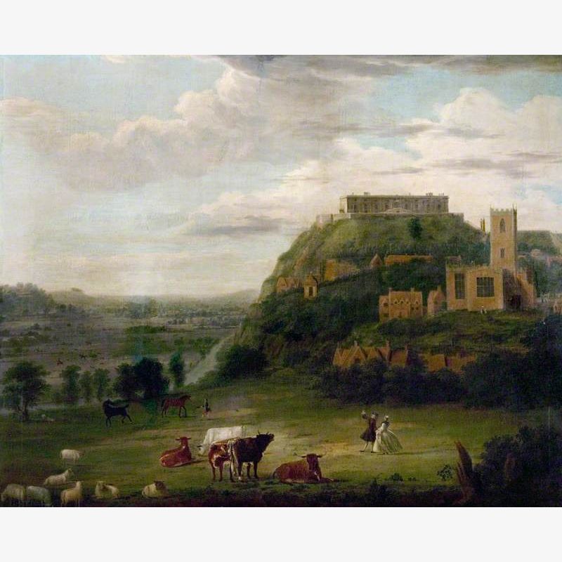 View of Nottingham Castle with St Nicholas' Church and Houses