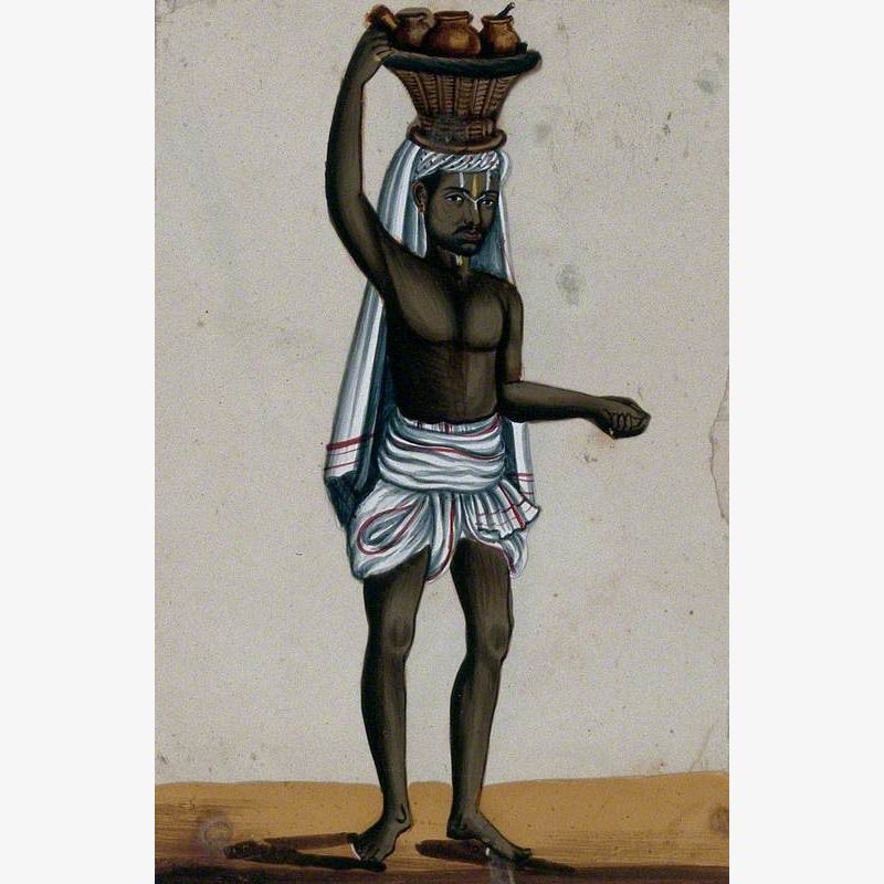 A Oil Monger Carrying a Basket with Pots Filled with Oil on His Head