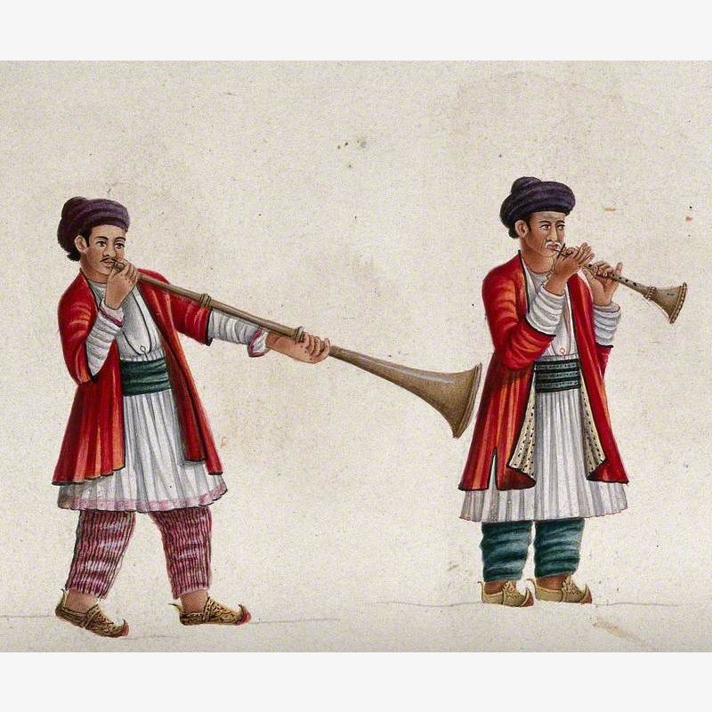 Two Musicians Playing the Shehnai (?), an Indian Wind Instrument