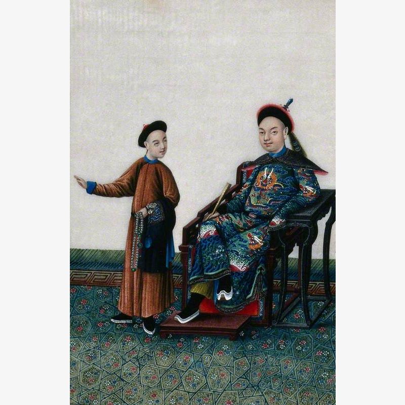 A Chinese High-Ranking Official Dressed in Rich Silks Seated with Attendant