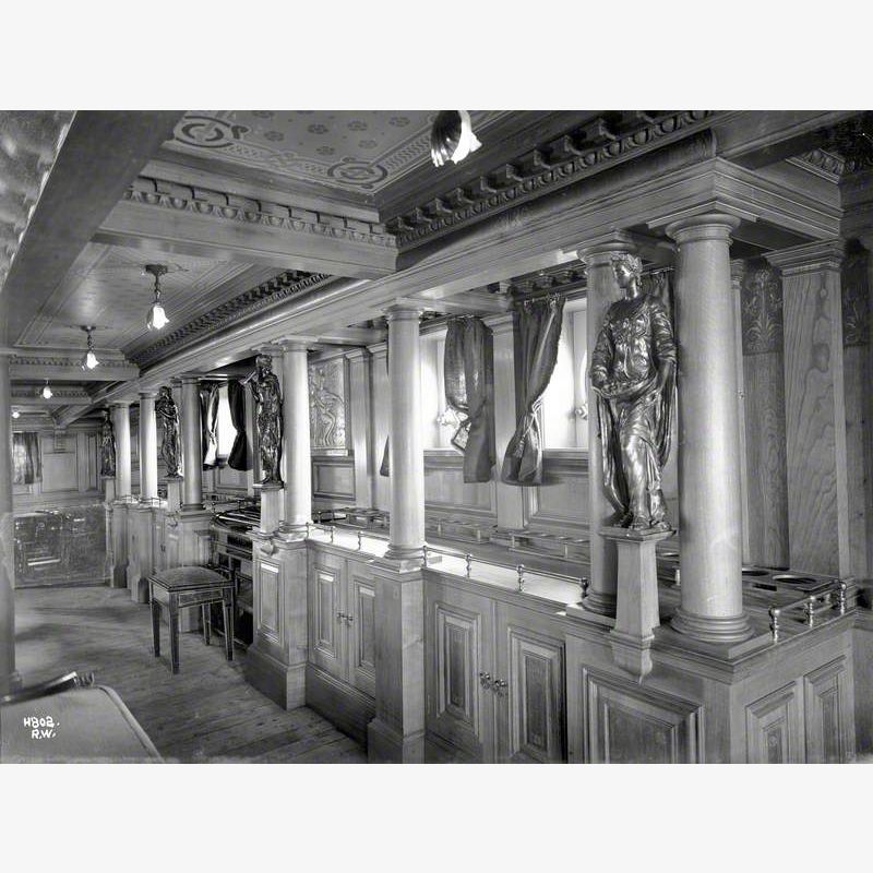 Harmonium, panelling, columns and decorative figures and panels in first class dining saloon