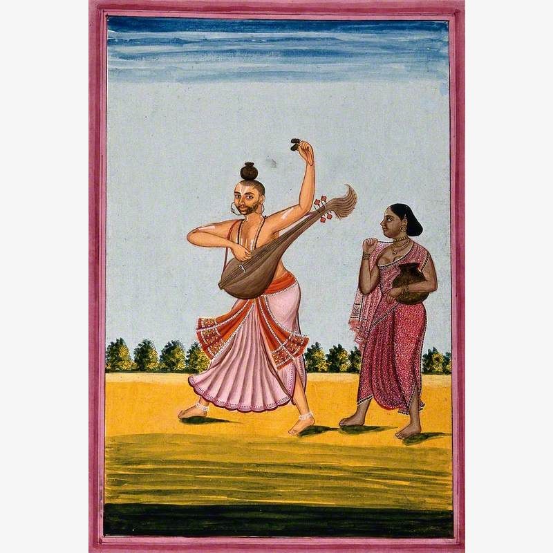 A Man Dancing While Playing a String Instrument and Castanets, with a Standing Woman