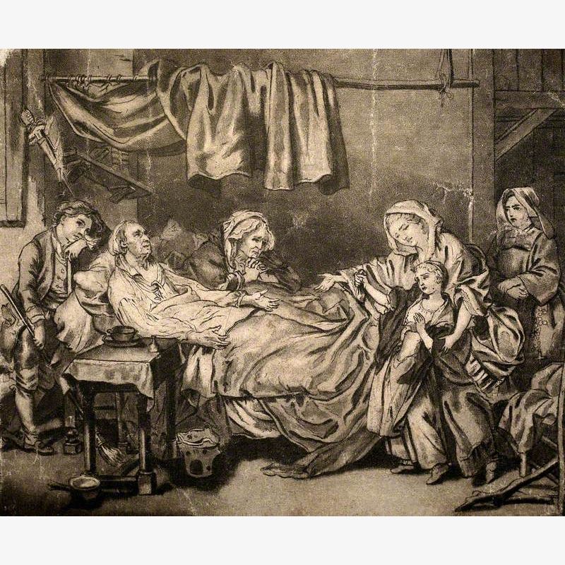 An Old Couple Lying in Their Sick Bed Receive Charity from a Reluctant Girl, a Nun Stands in the Background