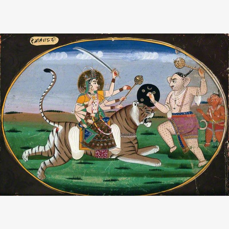 Devi (Durga) Seated on Tiger Prepares to Battle a Demon