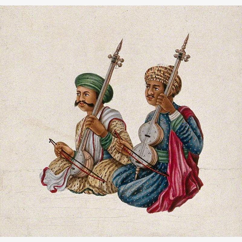 A Pair of Musicians Playing Indian Stringed Instruments with Bows