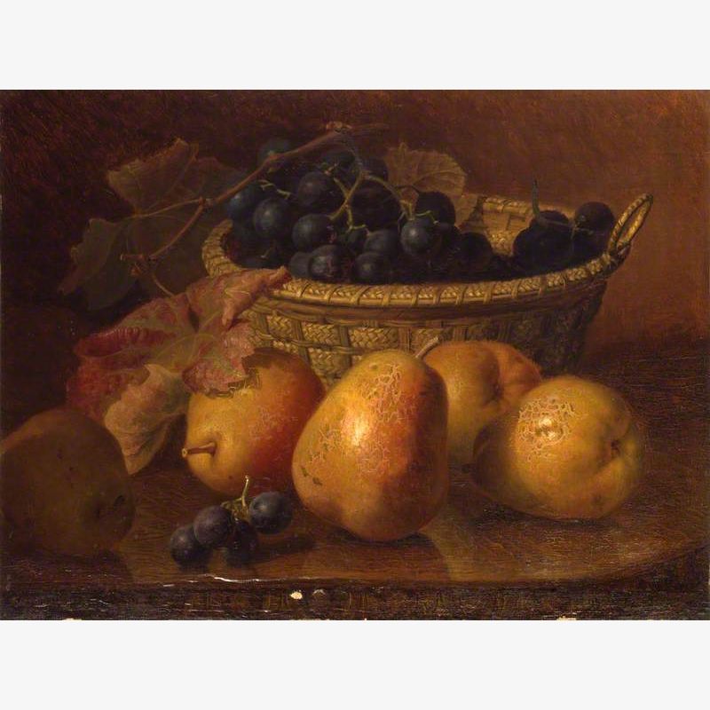 Duchess Pears with Black Grapes in a Basket