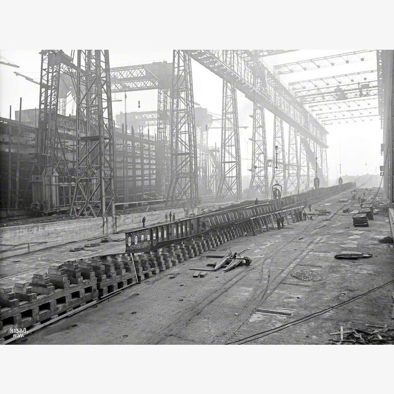 Centre plate and beginning work on tank floors aft, viewed from lower end of slip