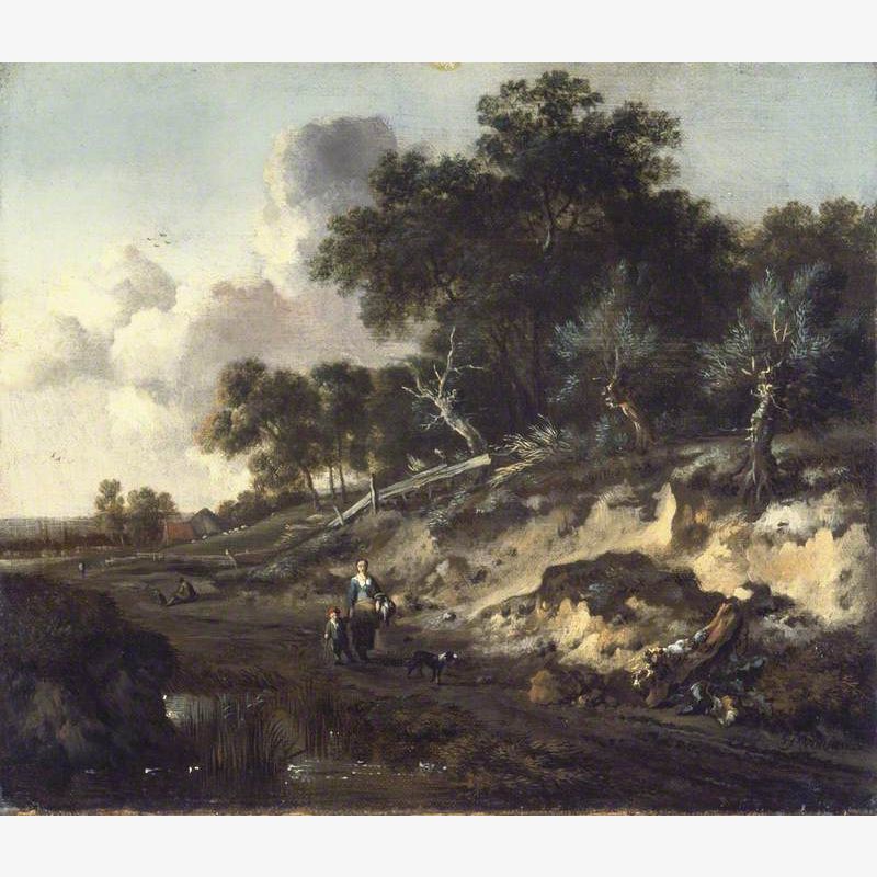 Wooded Landscape with Figures Walking by a Sandy Bank