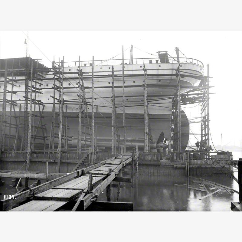Port stern profile prior to launch, with counter, rudder, propeller and bossing
